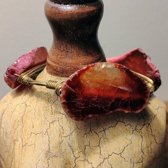 Bourbon and Boweties Bangle Red Translucent Gemstone Gold Plated Copper Wire - Picture 5 of 5